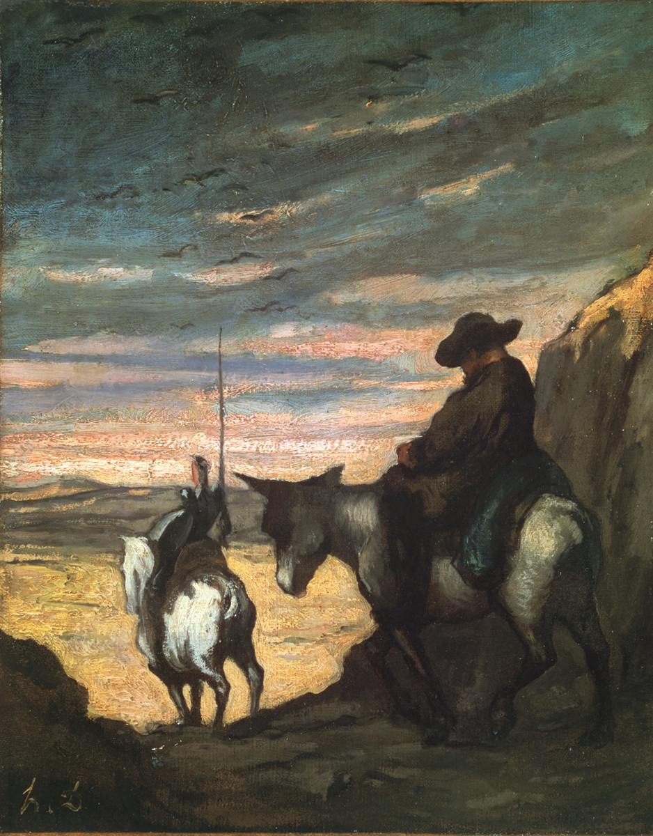 Daumier's painting at dusk: Sancho Panza large in the foreground on a pale donkey, seen from behind; Don Quixote small and thin ahead, lance raised, riding toward a band of sunset light.