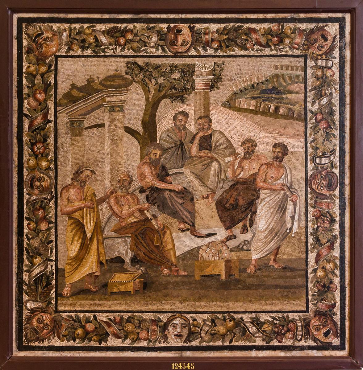 A Roman mosaic from Pompeii showing Plato's Academy: philosophers gathered under a tree beside a walled city.