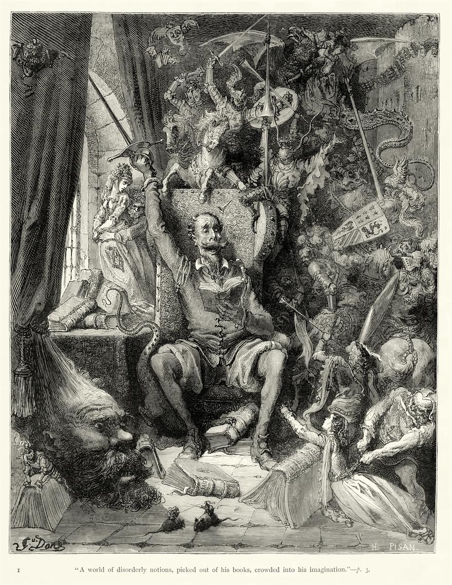 Gustave Doré's engraving of Don Quixote in his chair, an open book on his lap, phantoms of knights, giants, and battles rising from his books around him.