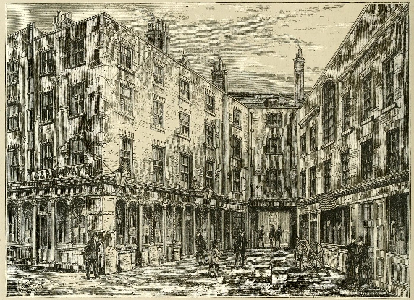 An engraving of Garraway's Coffee House in Exchange Alley, London.