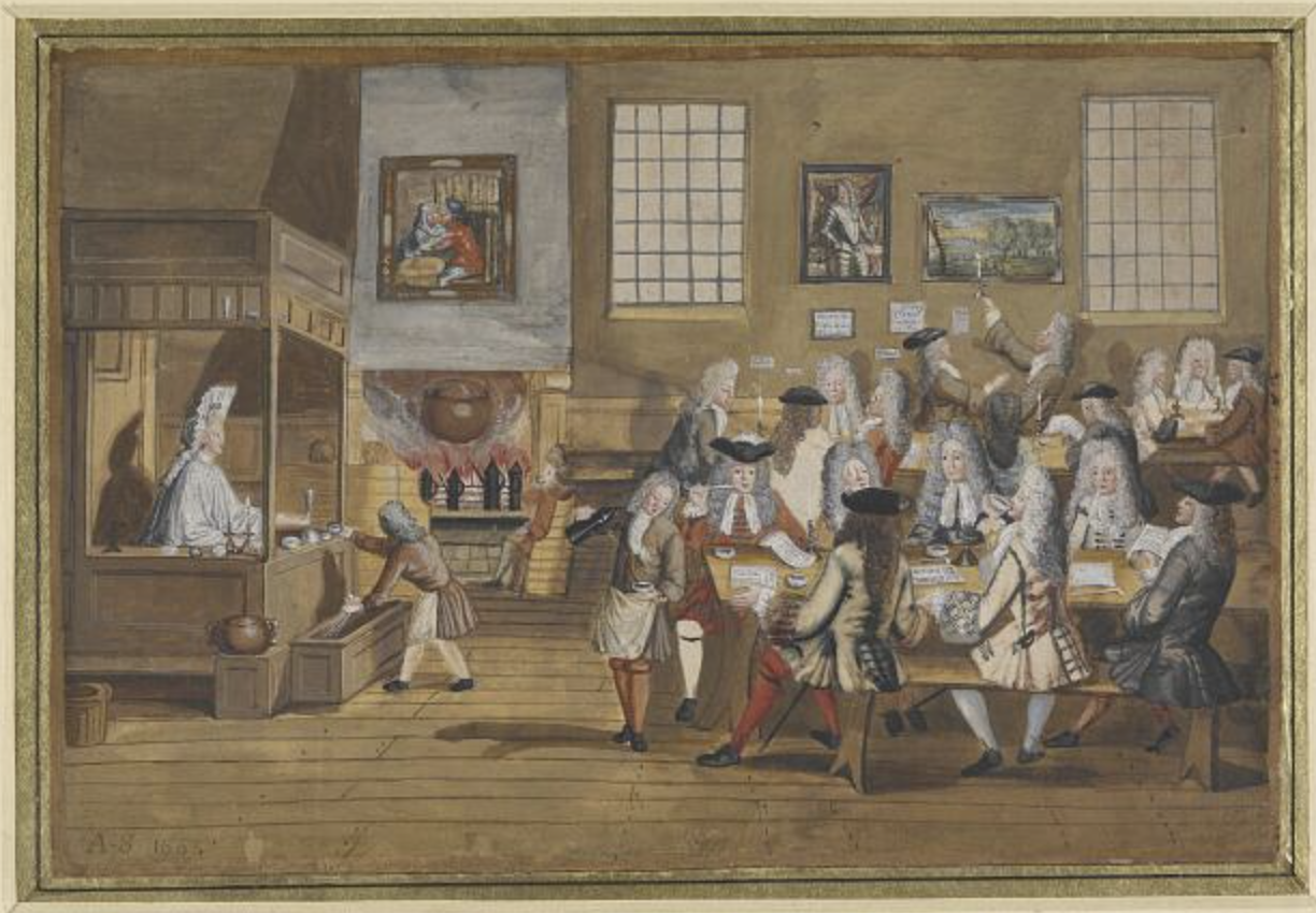 An interior of a London coffeehouse around 1700: men in wigs at long tables drinking from handle-less dishes, a woman at the urn, a boy serving, a fire with a great coffee pot.