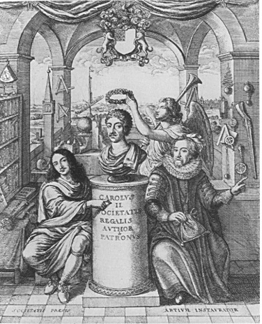 The frontispiece to Thomas Sprat's History of the Royal Society, 1667.