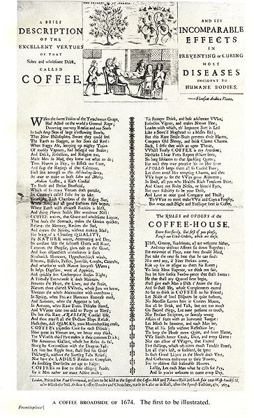 The 1674 broadside The Rules and Orders of the Coffee-House, with a woodcut of a coffeehouse at the top.
