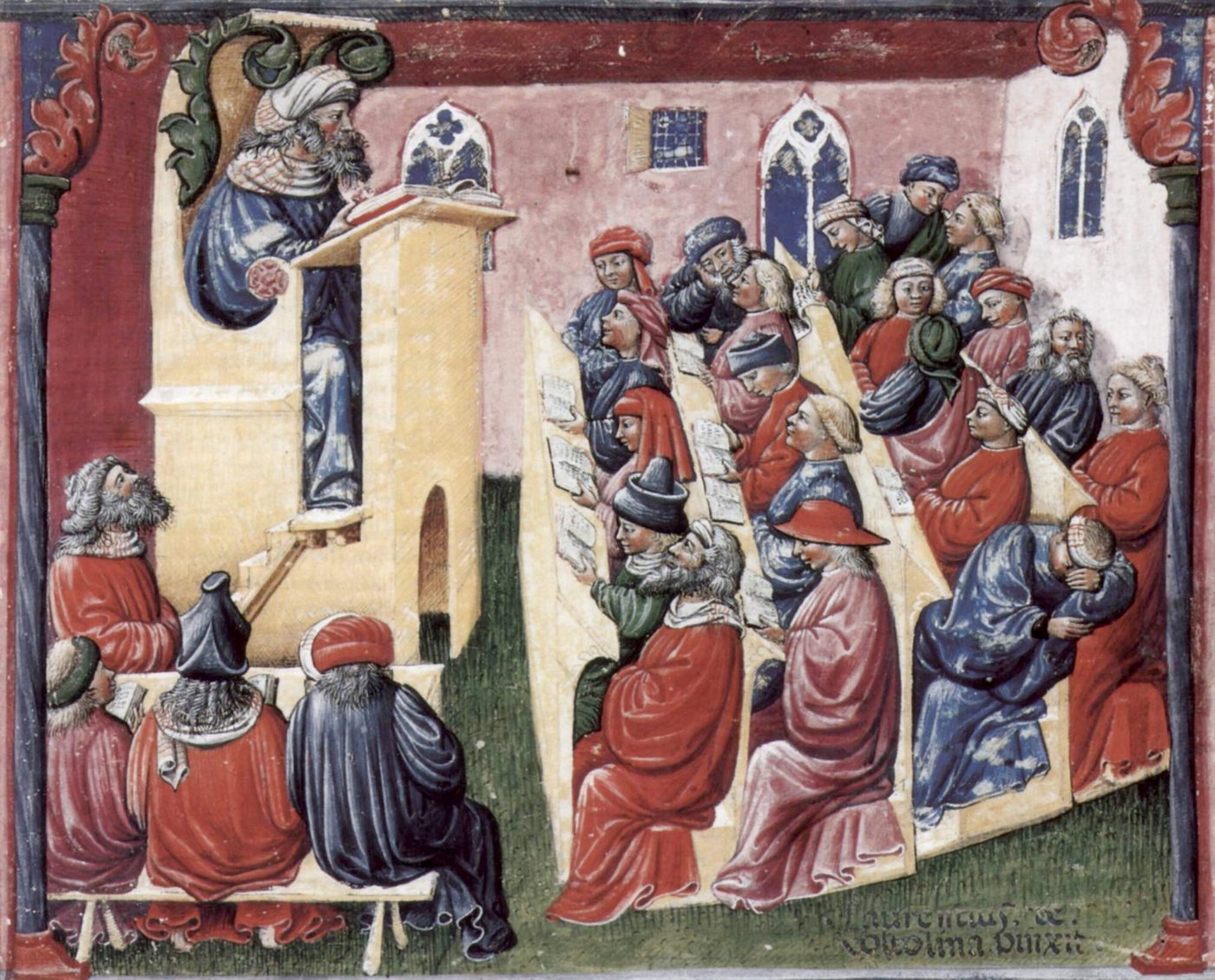 A fourteenth-century lecture hall: the master reads at his desk while rows of students listen, whisper, and one sleeps.